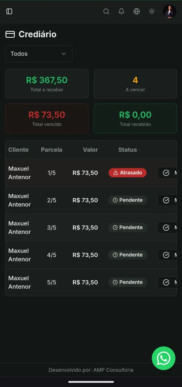 Tela de Crediário do sistema Domus BI no celular